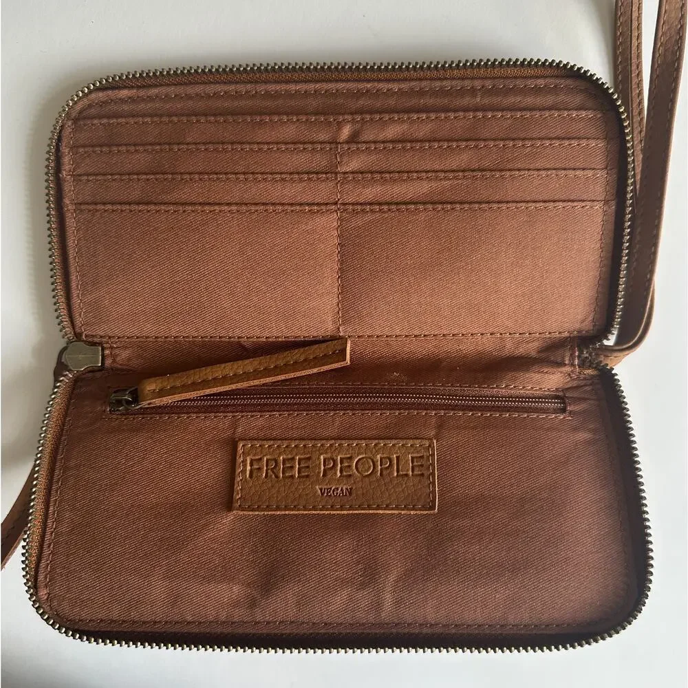 Free People Vegan Leather Wallet Wristlet Diagonal Zipper Cognac Brown Boho